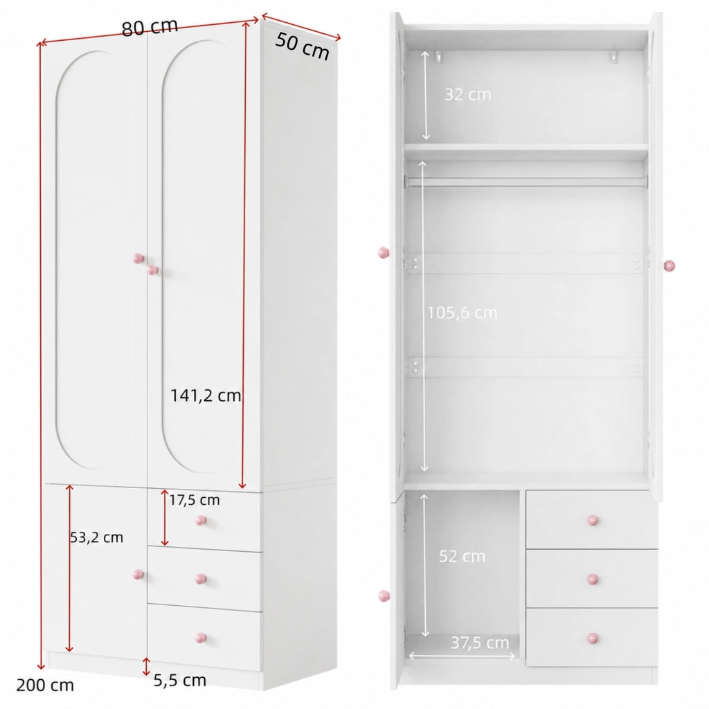 Armadio a due ante con 3 cassetti e asta appendiabiti in MDF bianco 80 × 50 × 200 cm