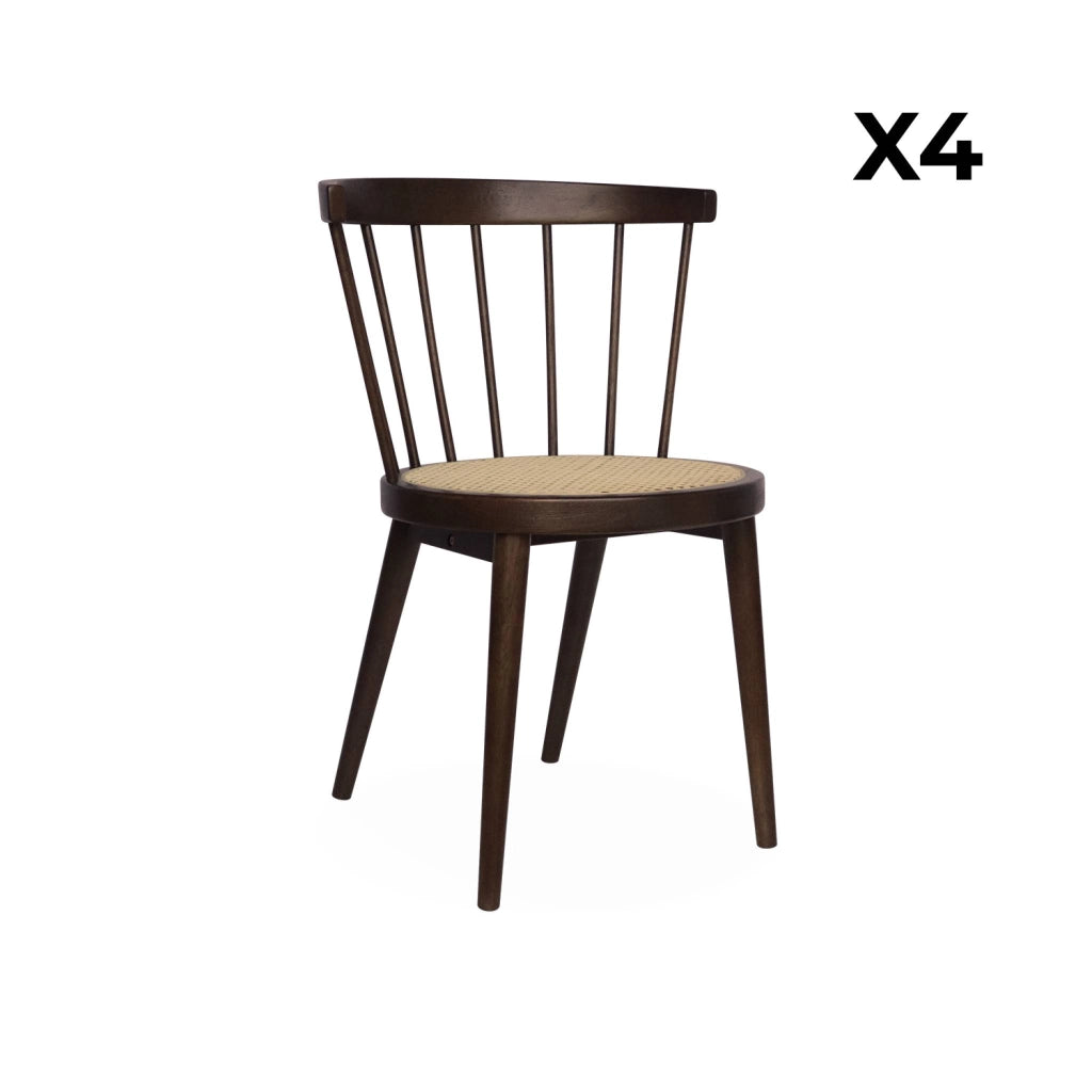 Set di 4 sedie in legno e paglia, marrone scuro