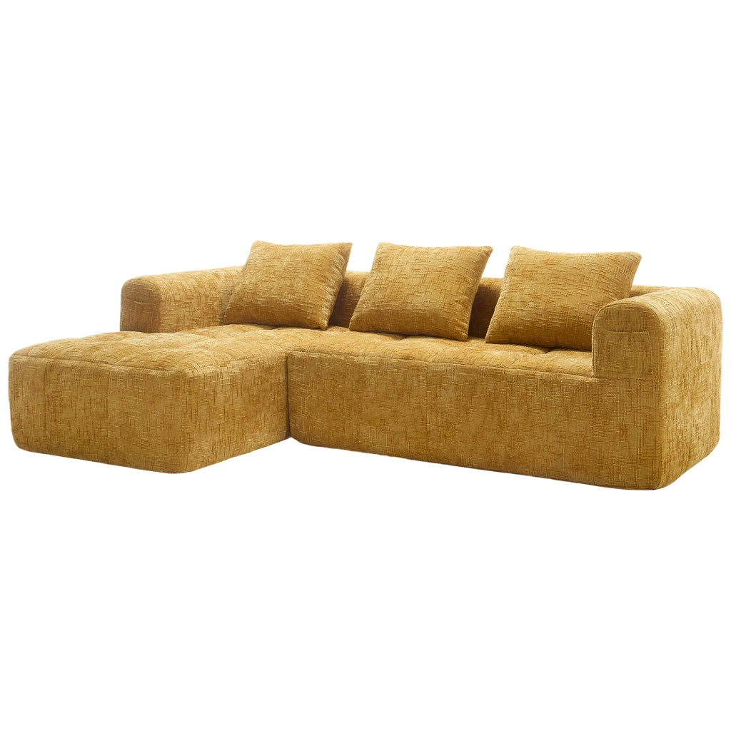 Divano Angolare 3 Posti con Chaise Longue ¨C MINIMAL ¨C Giallo, Cuscini, Braccioli, Chenille