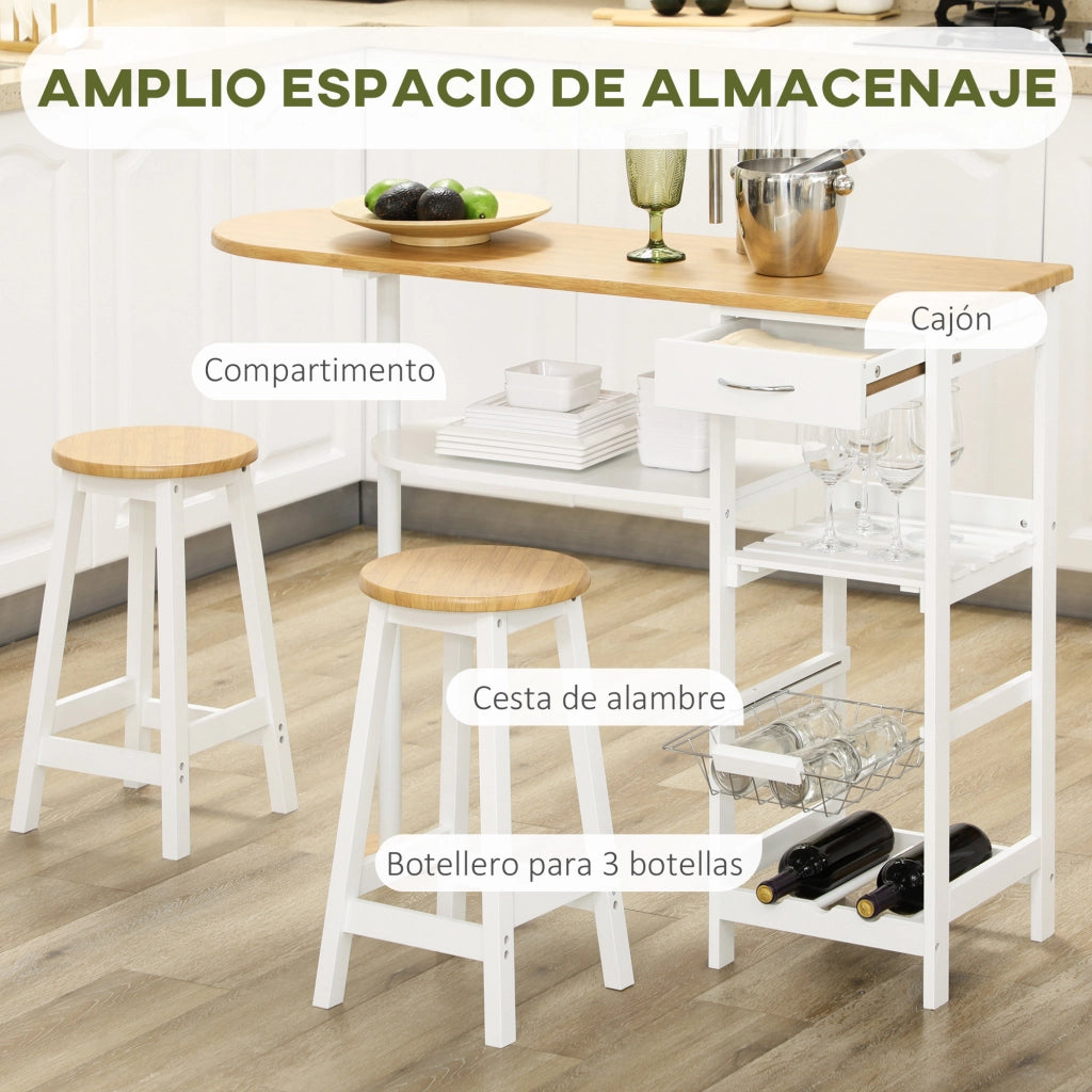 Set tavolo da bar con cestino e bottigliere e 2 sgabelli ¨C zephmum ¨C Bianco 119x38,5x88,5 cm