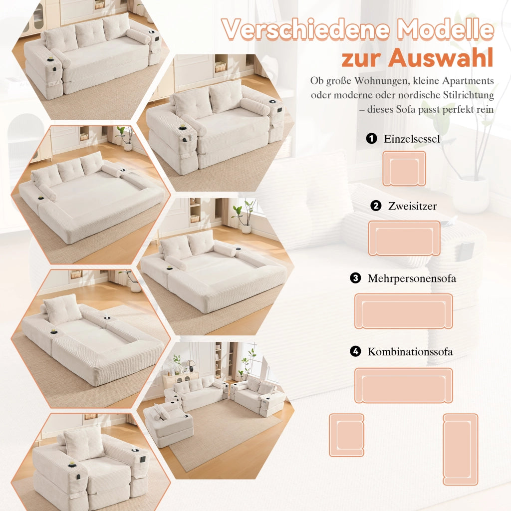 Divano letto modulare 232x98 cm in velluto a coste beige; con portabicchieri e tasche laterali