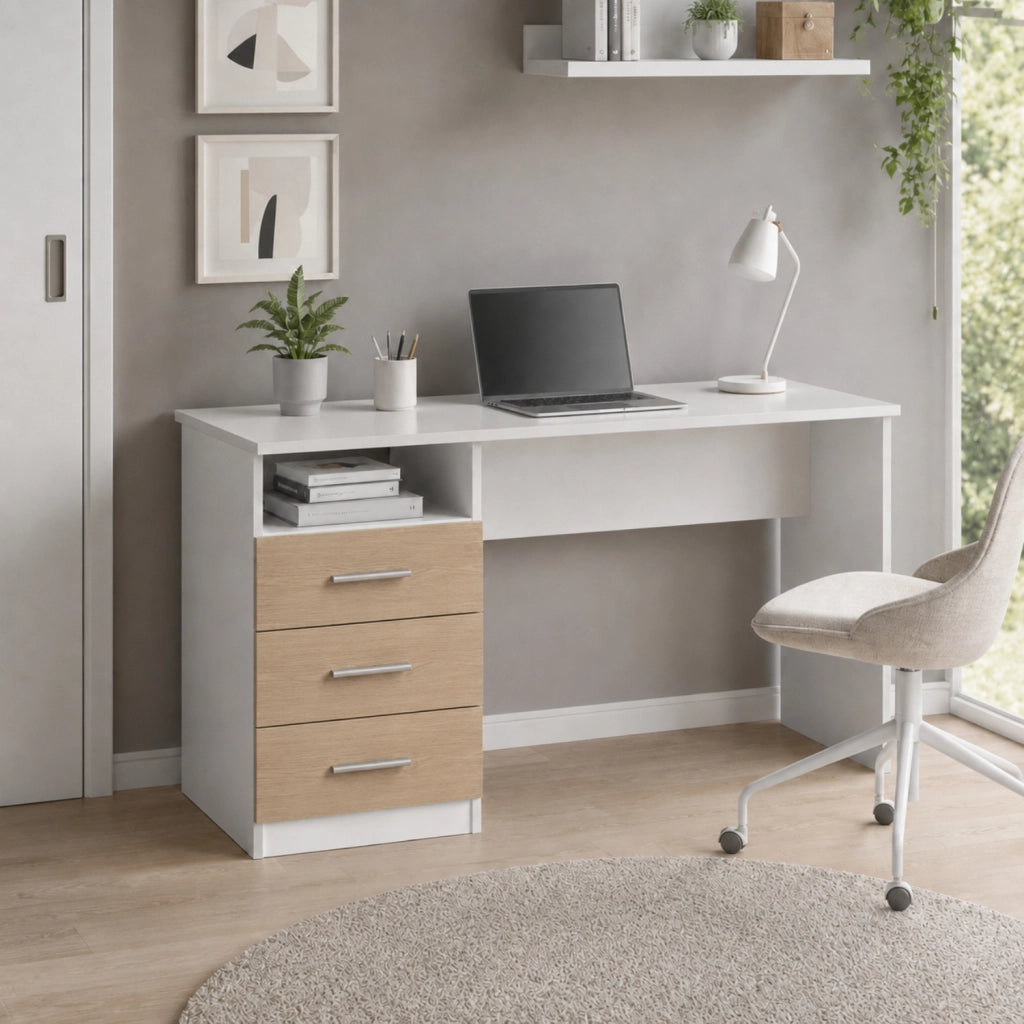 Scrivania Moderna Lipsia Con Cassetti Laterali Mobile Desk Salvaspazio Per Studio Ufficio Cameretta E Soggiorno 120 X 72 X 48 Cm Bianco E Rovere
