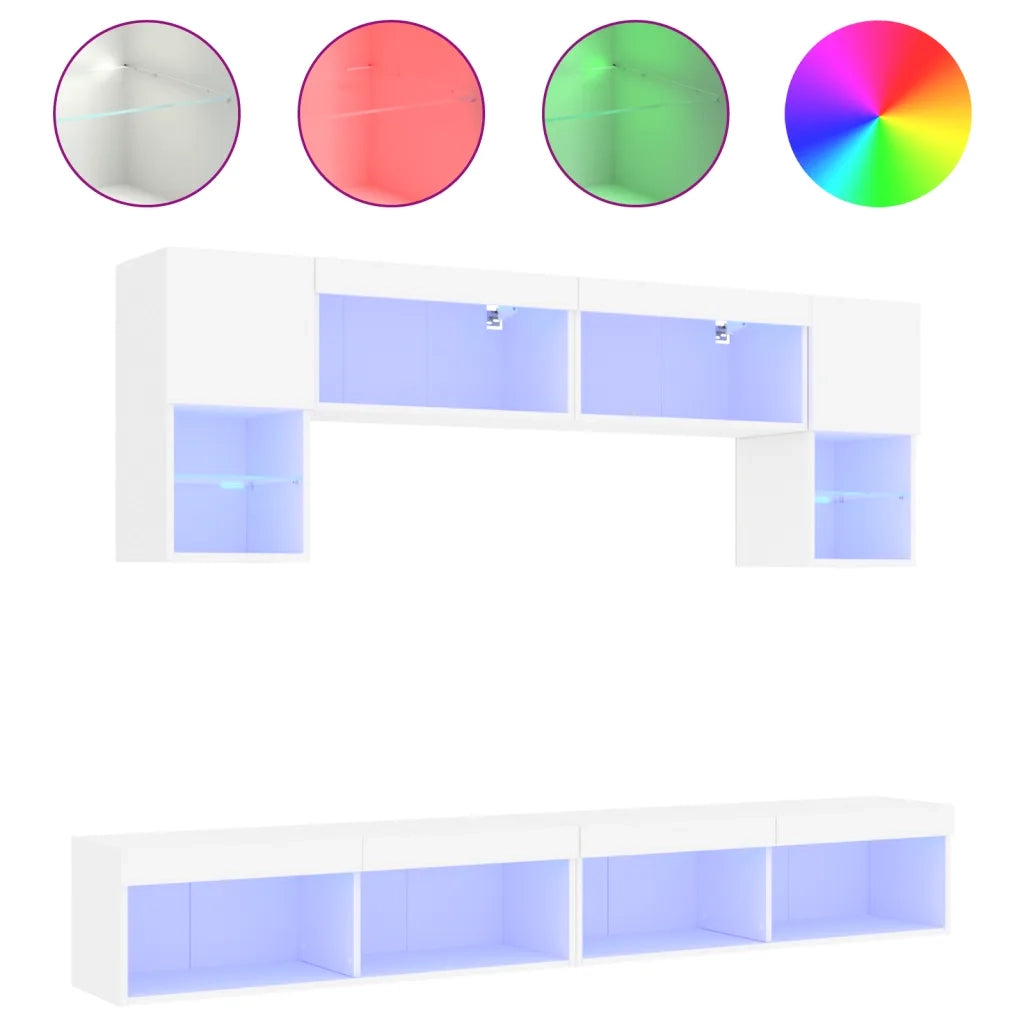 Mobili TV a Muro con LED 6pz Bianchi in Legno Multistrato