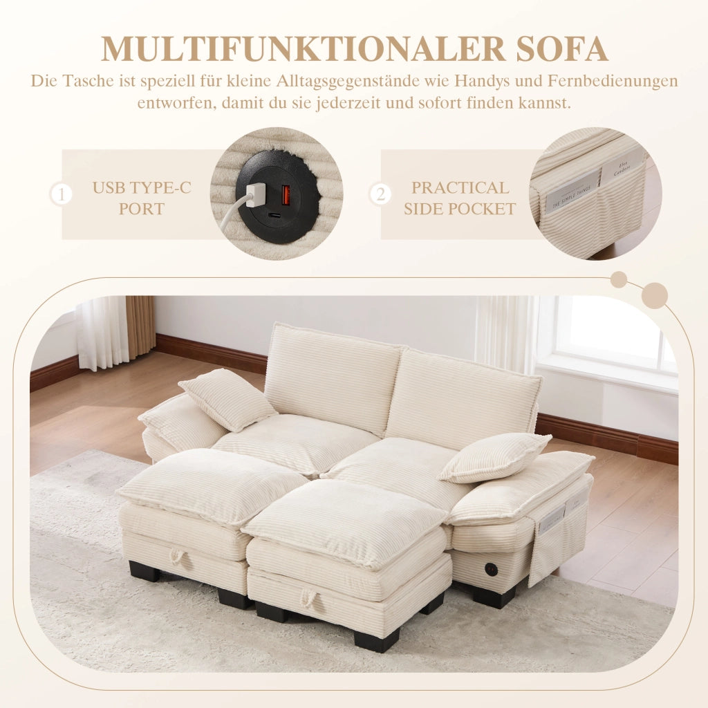 Divano modulare a 2 posti in corduroy con 2 pouf, seduta ampia ergonomica, USB-C e tasche laterali beige