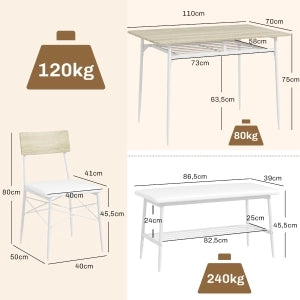 Set tavolo da pranzo con 2 sedie e panca, 4 posti, con ripiani, colore rovere