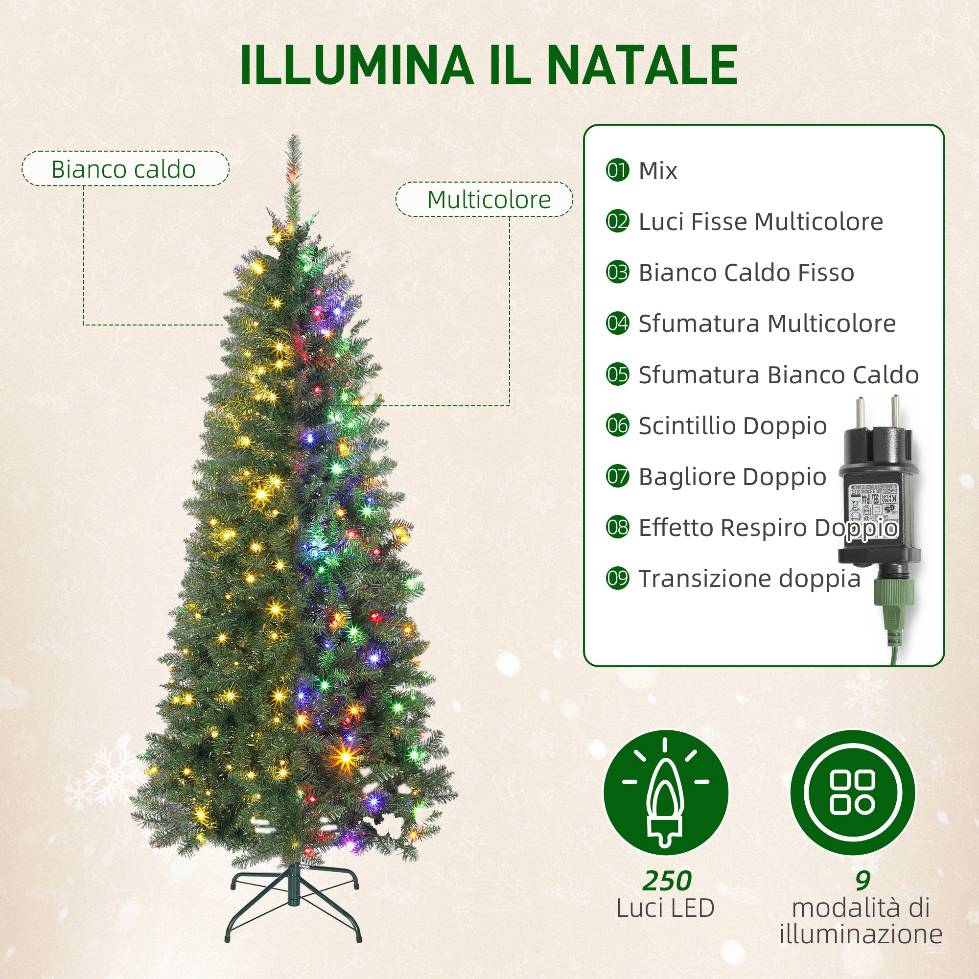 Albero di Natale Artificiale 180 cm 899 Rami con 250 Luci LED Bianche e Colorate 9 Modalità Verde