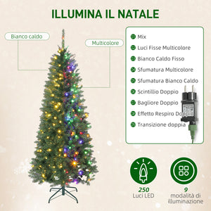Albero di Natale Artificiale 180 cm 899 Rami con 250 Luci LED Bianche e Colorate 9 Modalità Verde