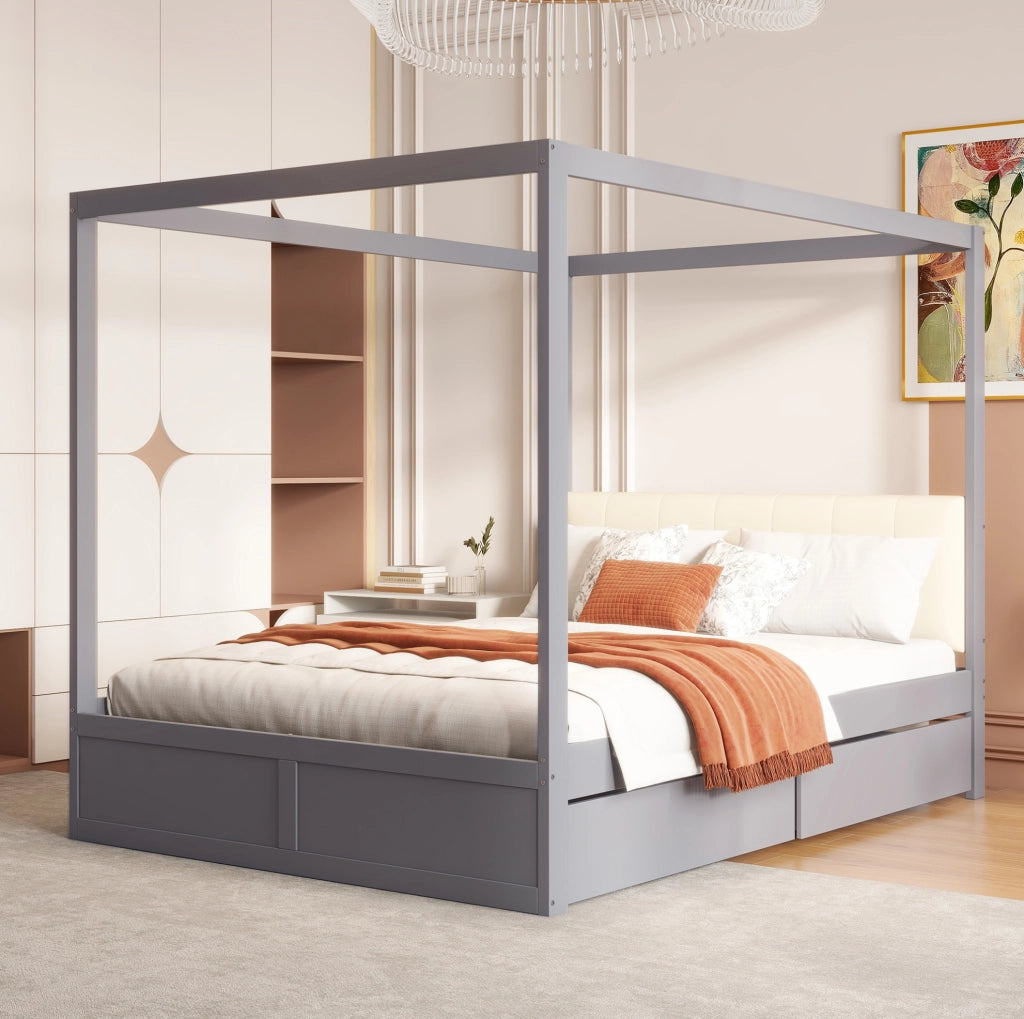 Letto a casetta 140x200 cm in legno grigio con testiera imbottita e 2 cassetti