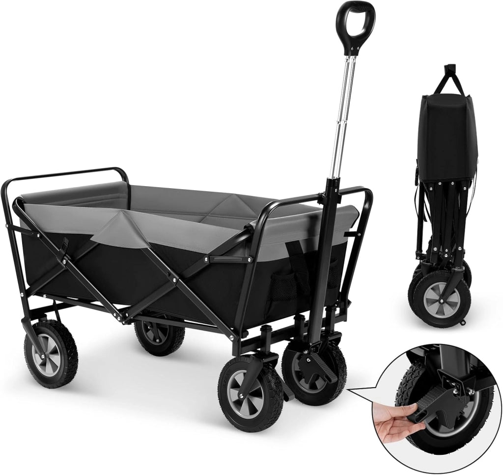Carrello da Giardino Pieghevole, con Maniglia Regolabile, Carrello da Spiaggia Portatile con Tasche Laterali per Spesa, Picnic, Adatto a Vari Suoli, Portata 80 kg, Nero+Grigio