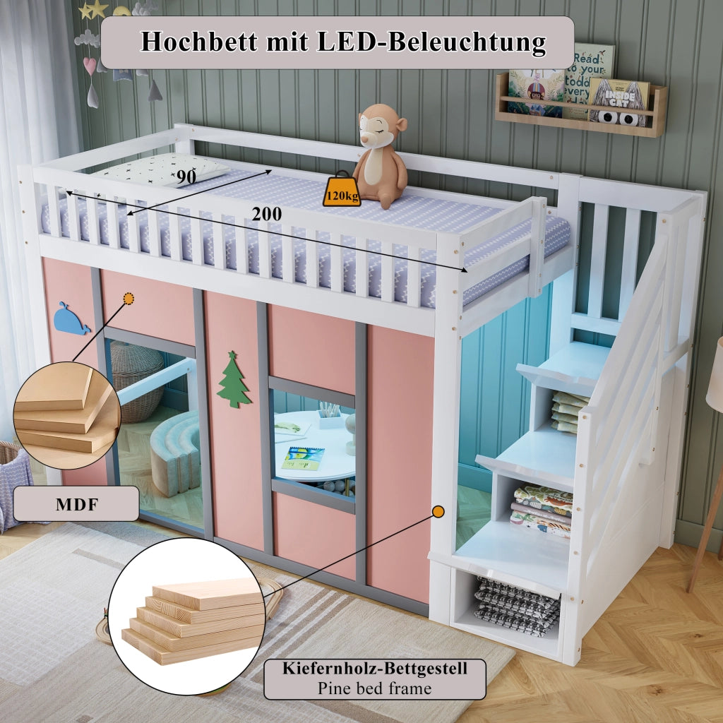 Letto a soppalco per bambini 90 × 200 cm con scala contenitore, LED, barriera di sicurezza, senza materasso, bianco rosa
