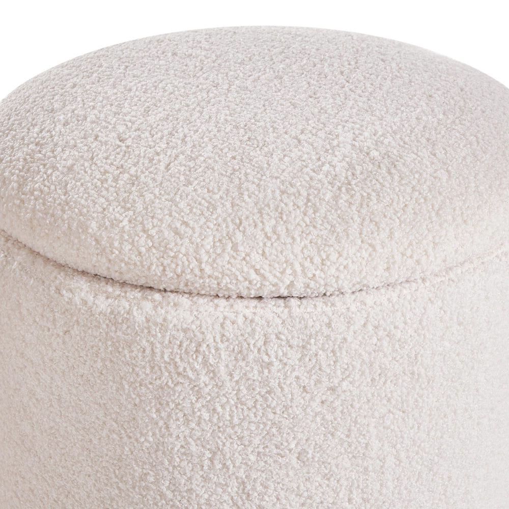 Set di 2 pouf contenitore, rivestiti in tessuto bouclé bianco sporco design rotondo e imbottito Ottomani moderni