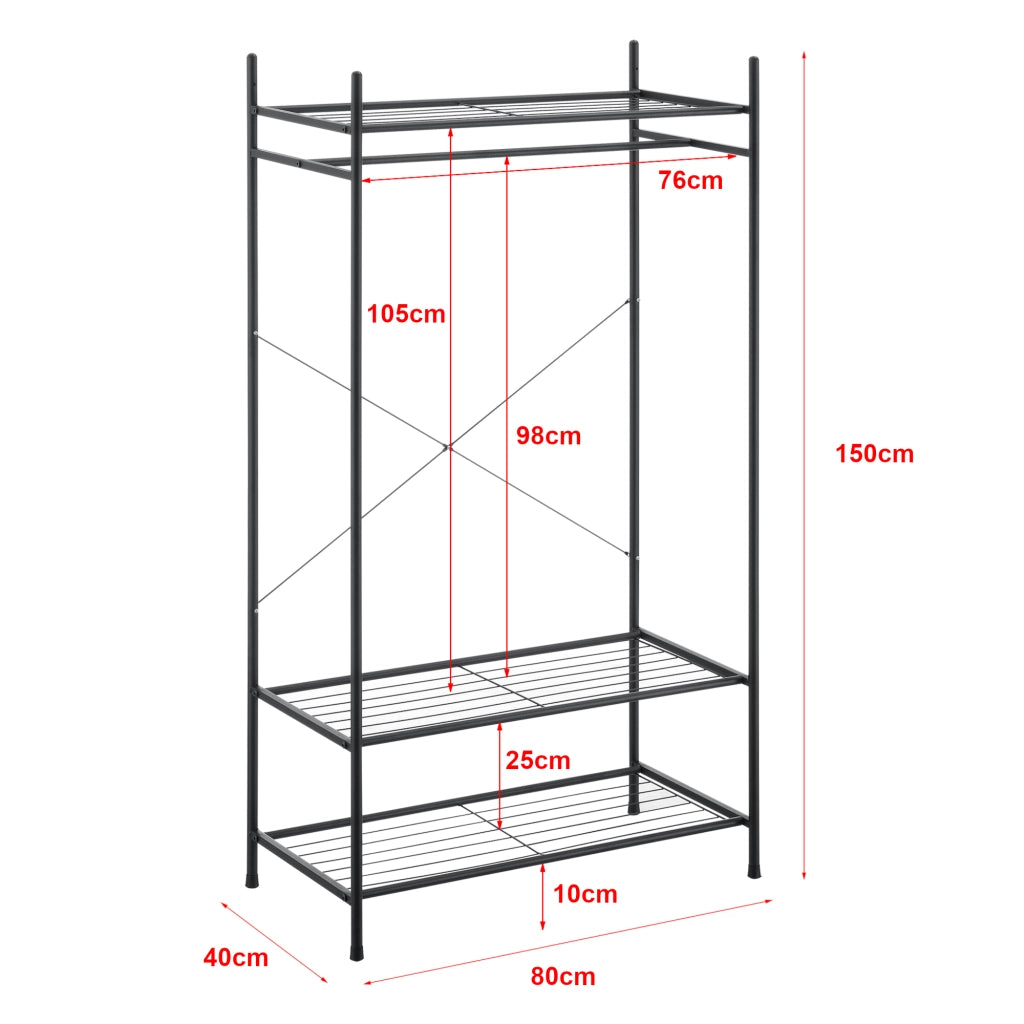 Organizzatore Guardaroba, Scaffalatura con Asta Appendiabiti e 3 Ripiani, Cabina Armadio Senza Ante (AxLaxP) 150 x 80 x 40 cm - Nero, Metallo