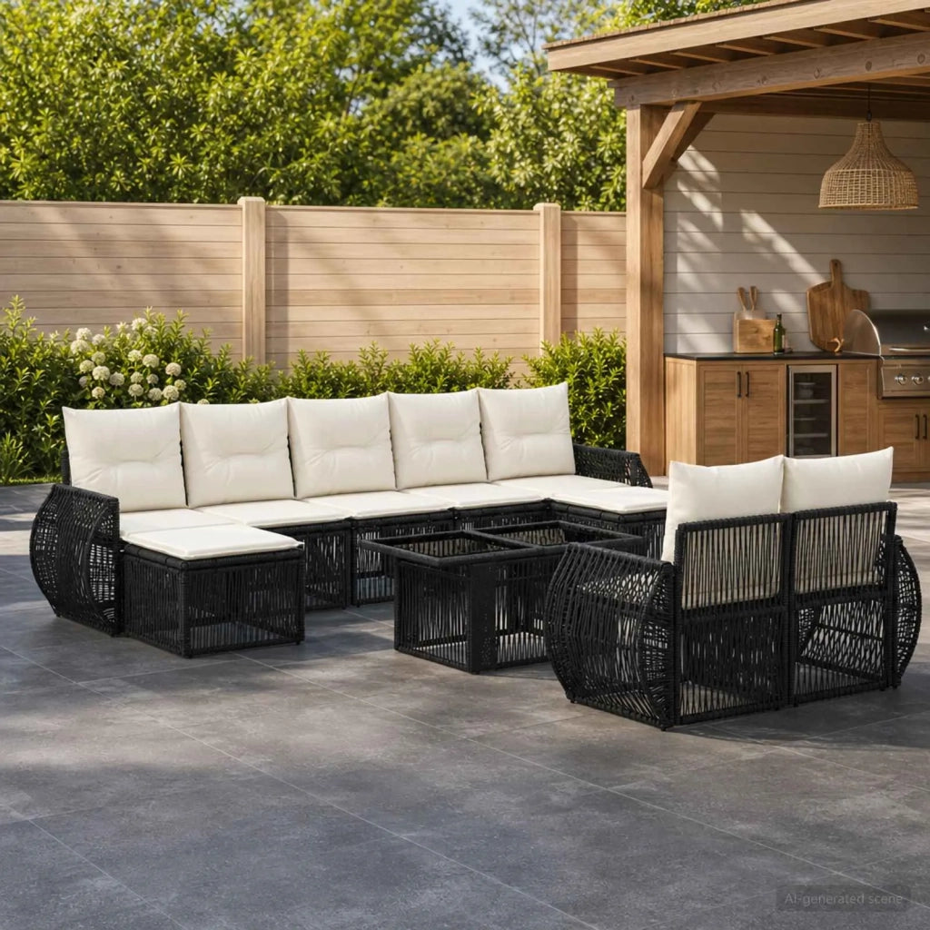 Set Divano da Giardino 10 pz Nero e Bianco Crema polyrattan 3437002