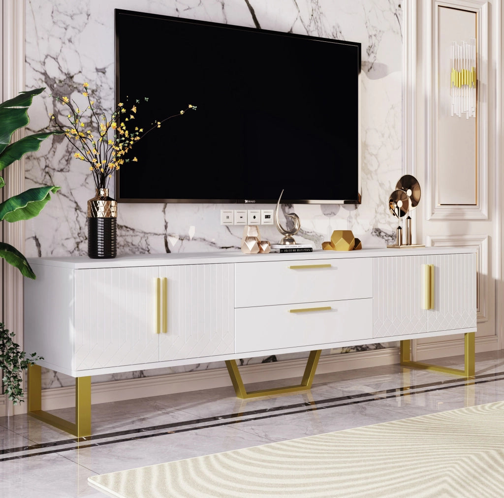 Mobile TV bianco lucido 170x40x53,5 cm in MDF con ante, cassetti e dettagli oro