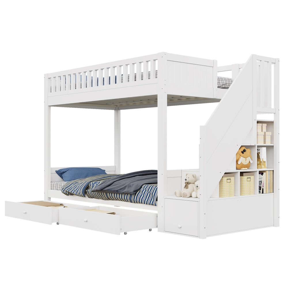 Letto a castello per bambini 90x200 cm in legno bianco con scala contenitore; 2 cassetti e barriera di sicurezza