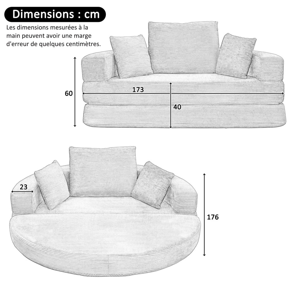 Divano letto pieghevole 2 in 1 ovale in velluto a coste; arancione; 173 x 176 cm