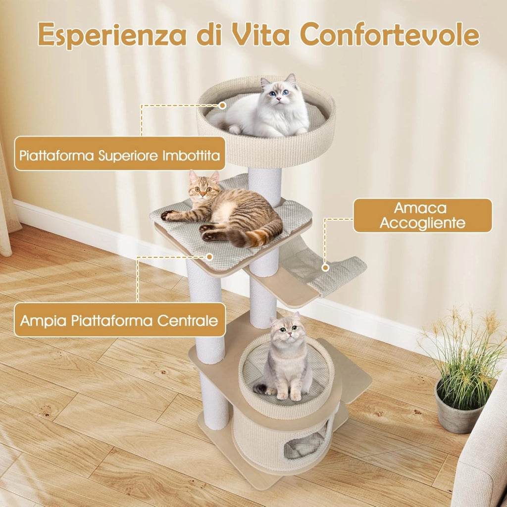 Albero per Gatti Alto 151 cm, Tiragraffi per Gatti con Comodo Poggiapiedi Imbottito, Condo a 2 Piani, Tappetini Morbidi Rimovibili, Posti Graffianti, Amaca Accogliente