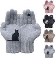 Guanti in cotone rosso, guanti da neve, guanti caldi intrecciati, stampo felino e uccello, guanti a dita per esterno, unisex, tutti i tagli
