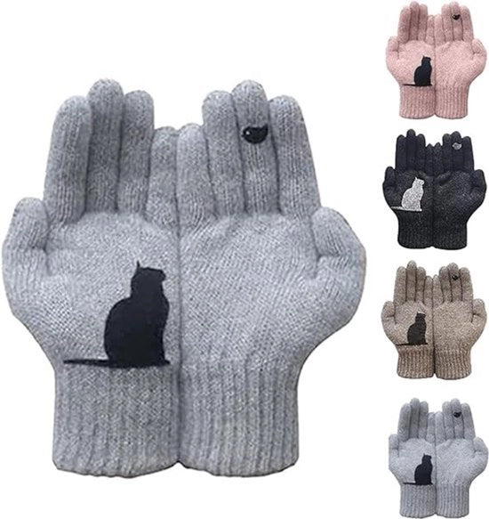 Guanti in cotone rosso, guanti da neve, guanti caldi intrecciati, stampo felino e uccello, guanti a dita per esterno, unisex, tutti i tagli