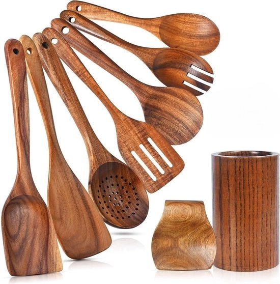 Set di Cottura in Legno 9 pezzi - Antiscivolo - Set di Cottura con Supporto - Cottura Salutare - Spatola per Wok - Utensili da Cucina - Spatola in Legno - Forchetta - Cucchiaio di Spuma