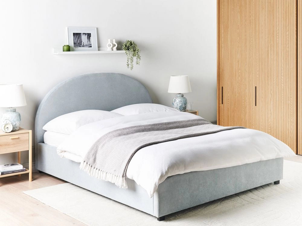 Letto contenitore matrimoniale imbottito tessuto di ciniglia azzurro retrò minimalista 160 x 200