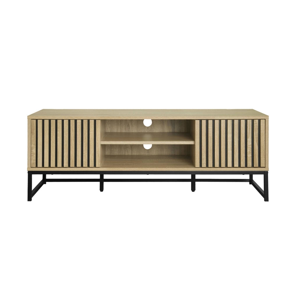 Mobile tv a 2 ante in legno scanalato e metallo nero, 120cm, marrone