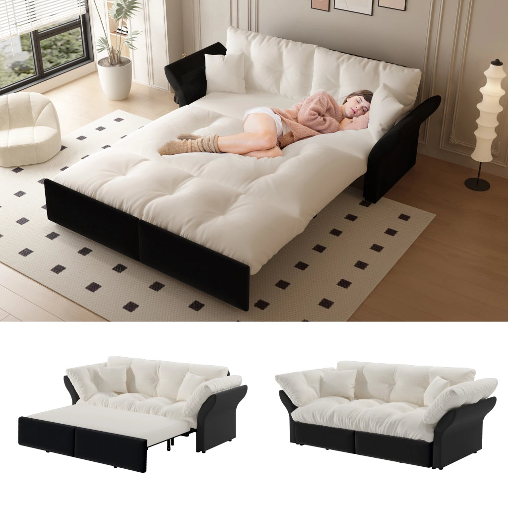 Divano letto estraibile 3 in 1 convertibile con 2 cuscini, in velluto beige e bianco, per soggiorno, 190 cm