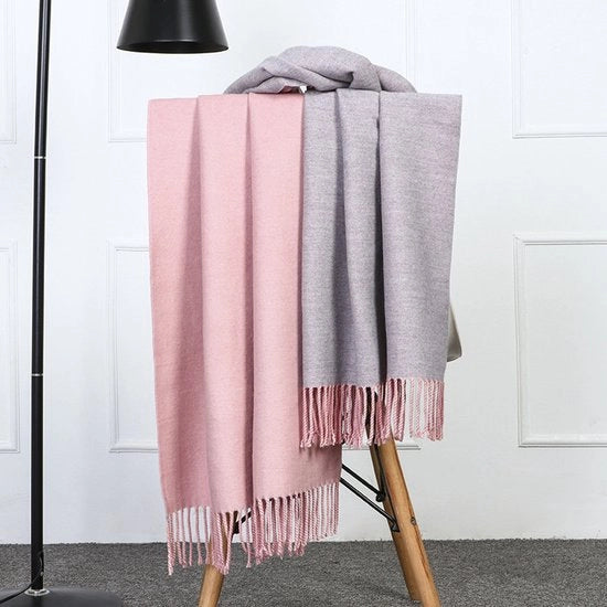 Sciarpa donna in lana di capra 200*70 cm, colore rosso e grigio chiaro, stile a doppia faccia, grande e super calda per inverno.