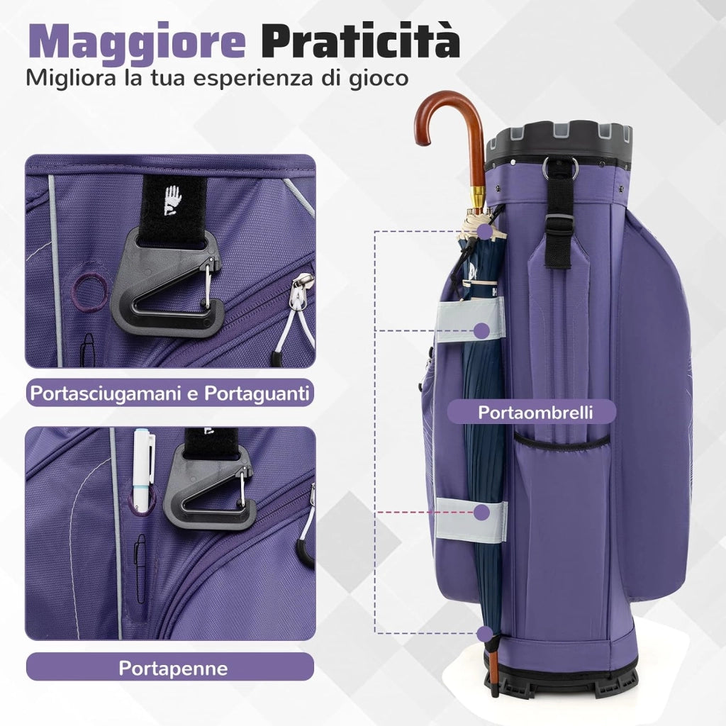 Borsa Carrello da Golf, Sacca da Golf con Serratura e Divisori a 14 Vie, 11 Tasche, Sacca Isolante, Tracolla Imbottita, Maniglie, Porta Ombrello e Cappuccio Antipioggia