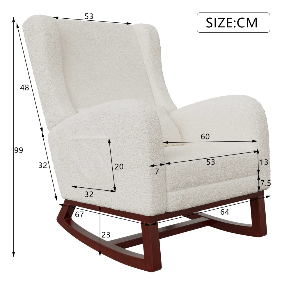 Poltrona relax a dondolo 67x64x99cm con poggiapiedi e tasche sedia a dondolo da interno per allattamento struttura in legno e teddy; bianco
