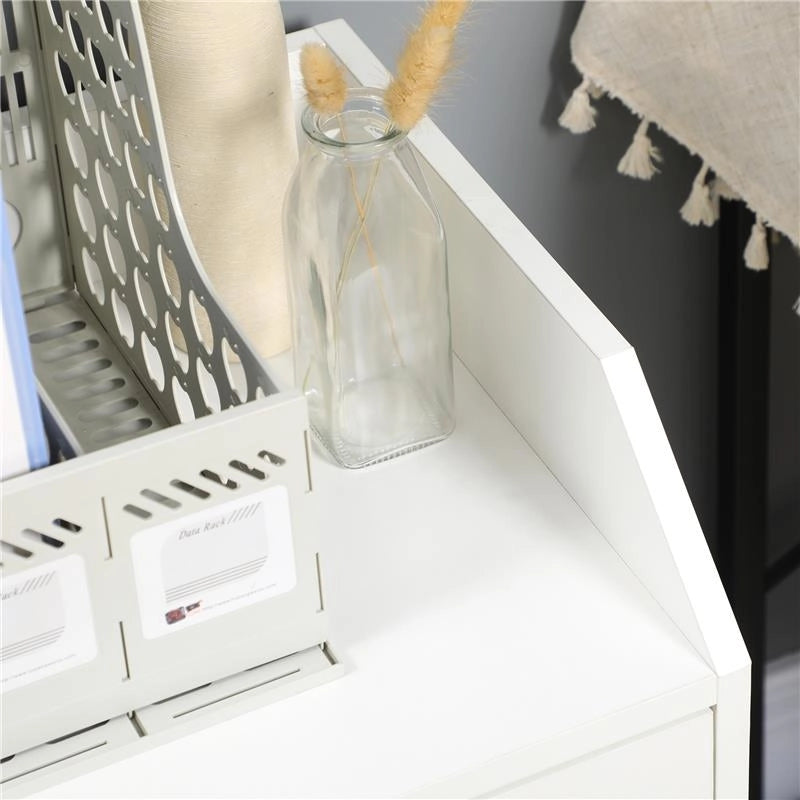CASSETTIERA DA UFFICIO IN LEGNO CON 4 CASSETTI, RUOTE E BORDI RIALZATI, 40X36X65CM, BIANCO