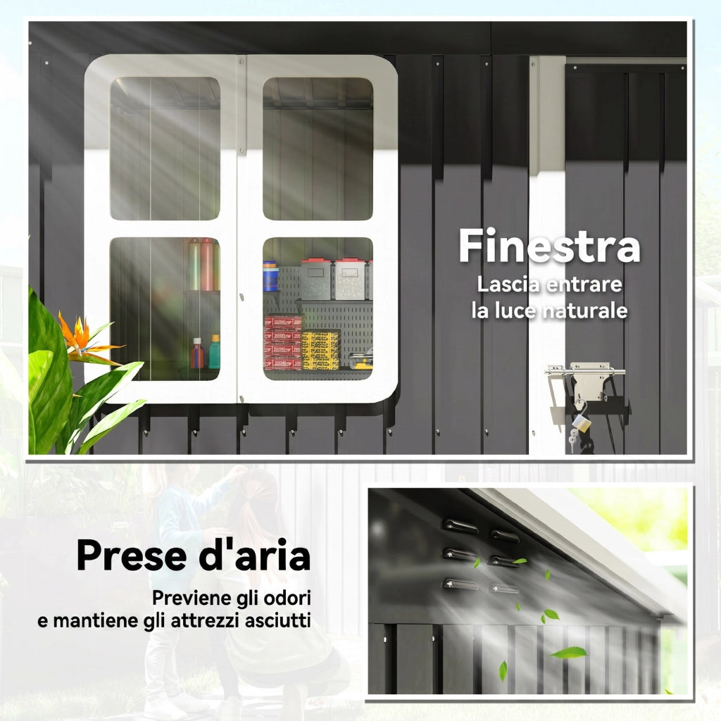 Casetta Box da Giardino 211x133x173/190 cm con Kit di Fondazione Porta Blocco Tetto Inclinato in Acciaio Zincato Grigio