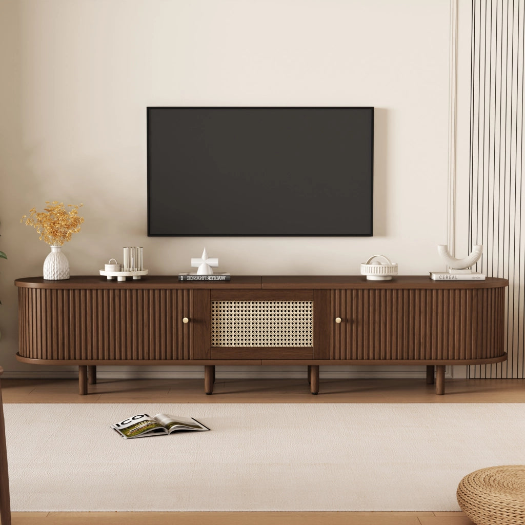 Mobile TV ovale in MDF con finitura noce scuro e dettaglio effetto rattan, 180 cm, 30 kg