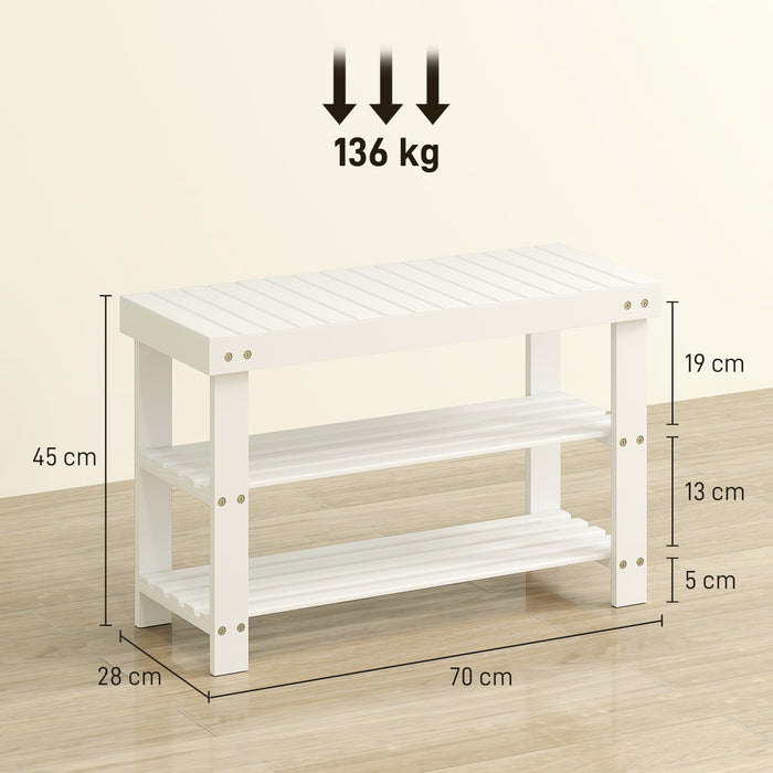Panca Scarpiera Bassa 70x28x45 cm con 2 Ripiani a Doghe e Seduta in Bambù Bianco
