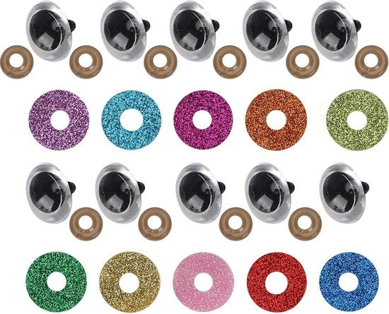 Set di 300 occhi glitter colorati premium - Incluso 100 occhi sicuri, 100 occhi glitter e 100 anelli - 10 colori - 16 mm