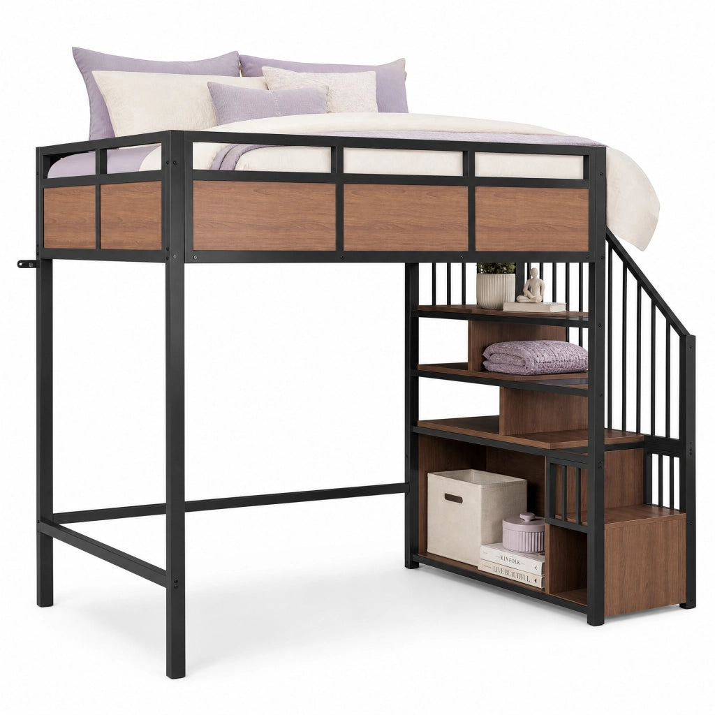 Letto a soppalco in metallo 90x200 cm con scala contenitore reversibile, LED e pannelli effetto legno, nero