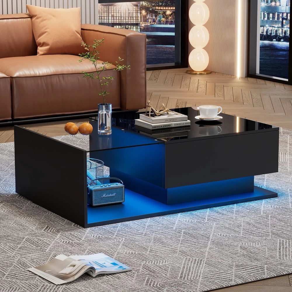 Tavolino da Caff¨¨ con LED e Cassetto ¨C MINIMAL ¨C Nero Lucido, Vetro Temperato, 100x50x32