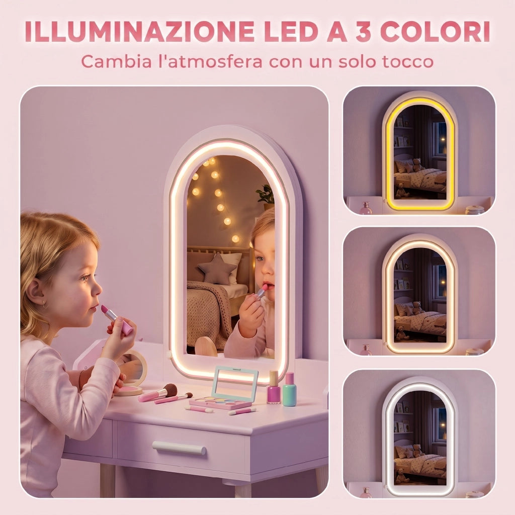 Set Toeletta Trucco Bambina 2 in 1 con Sgabello e LED, 3-8 Anni Rosa