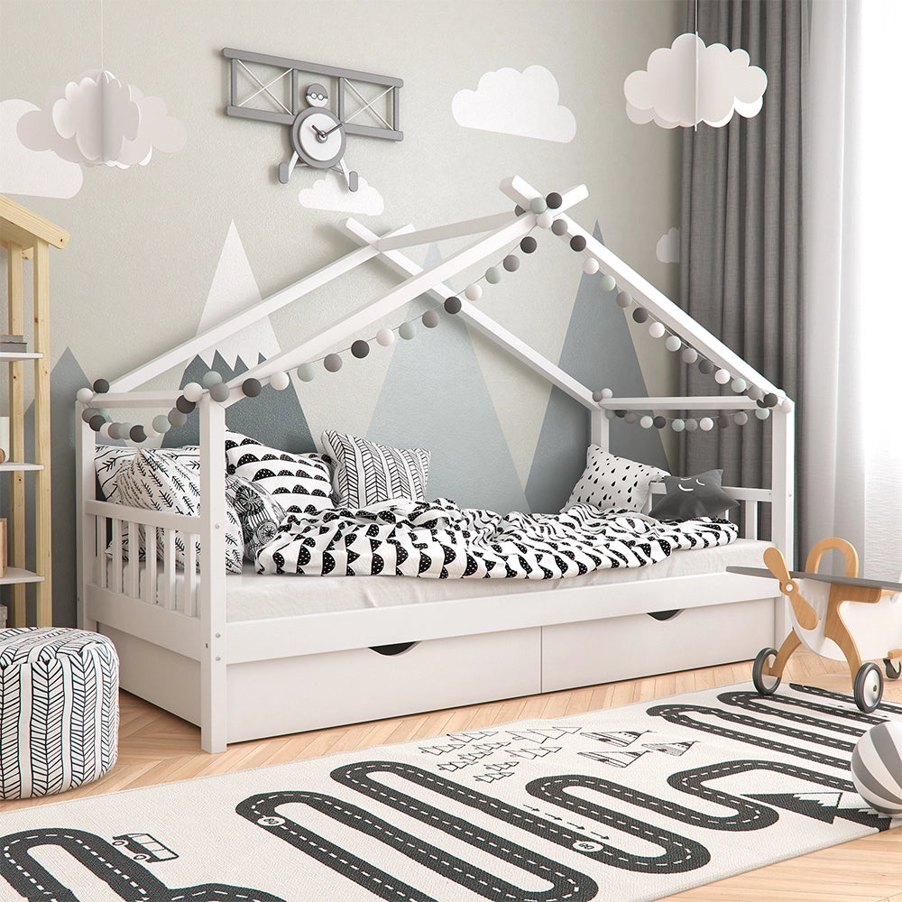 Vitalispa Letto montessori bambini Bianco 90x200 cm con 2 cassetti e materasso