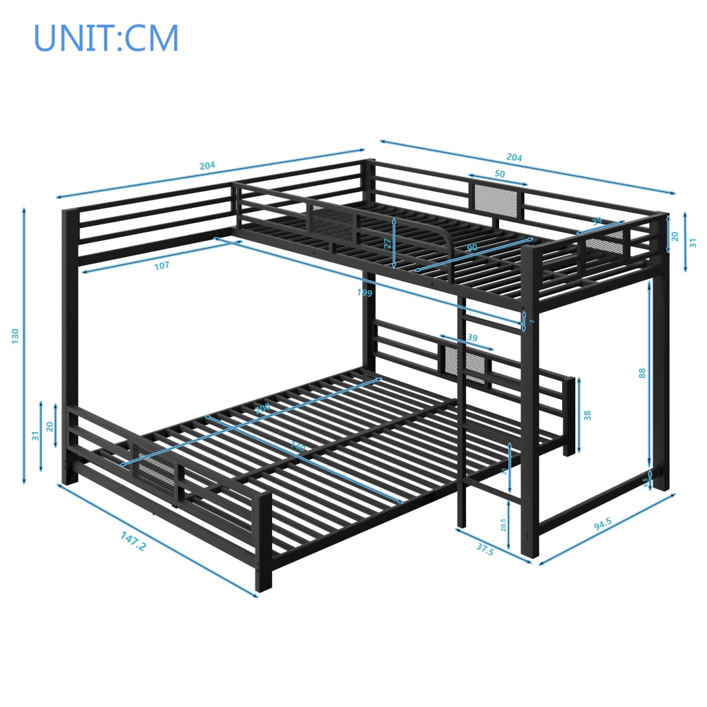 Letto a Castello 90x200 e 140x200. con Sponde di Protezione in Metallo Nero
