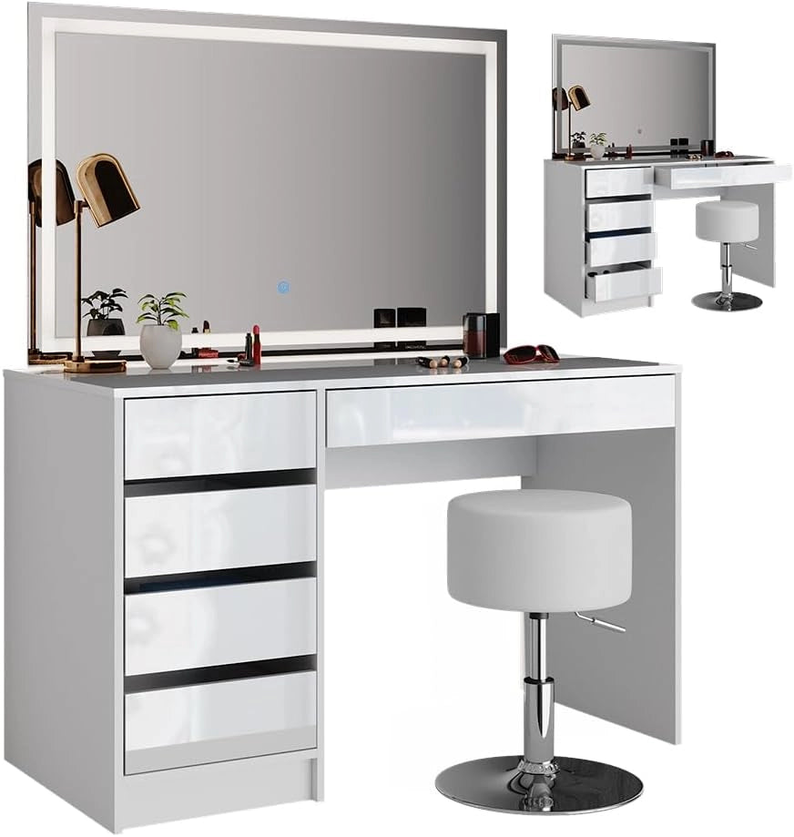 Vicco Tavolo da toeletta Sherry, Bianco, 120 cm con specchio LED e sgabello, con illuminazione LED e sgabello imbottito