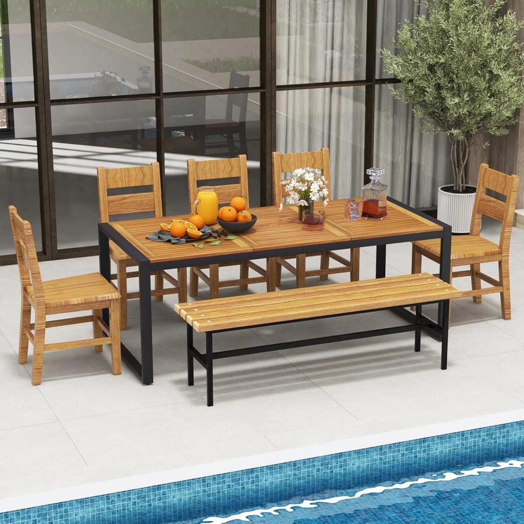 Tavolo da giardino in legno di acacia per 8 persone, 200 x 90 x 75 cm, con foro per ombrellone, struttura in metallo, colore Naturale E Nero