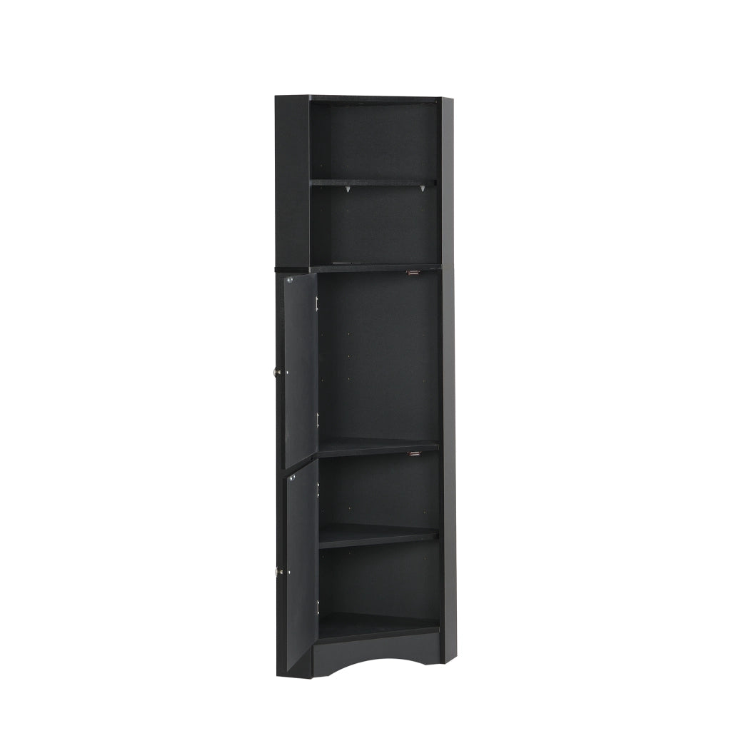 Armadietto da bagno angolare con ripiano regolabile e vani aperti in truciolare nero 36.5 × 36.5 × 155 cm