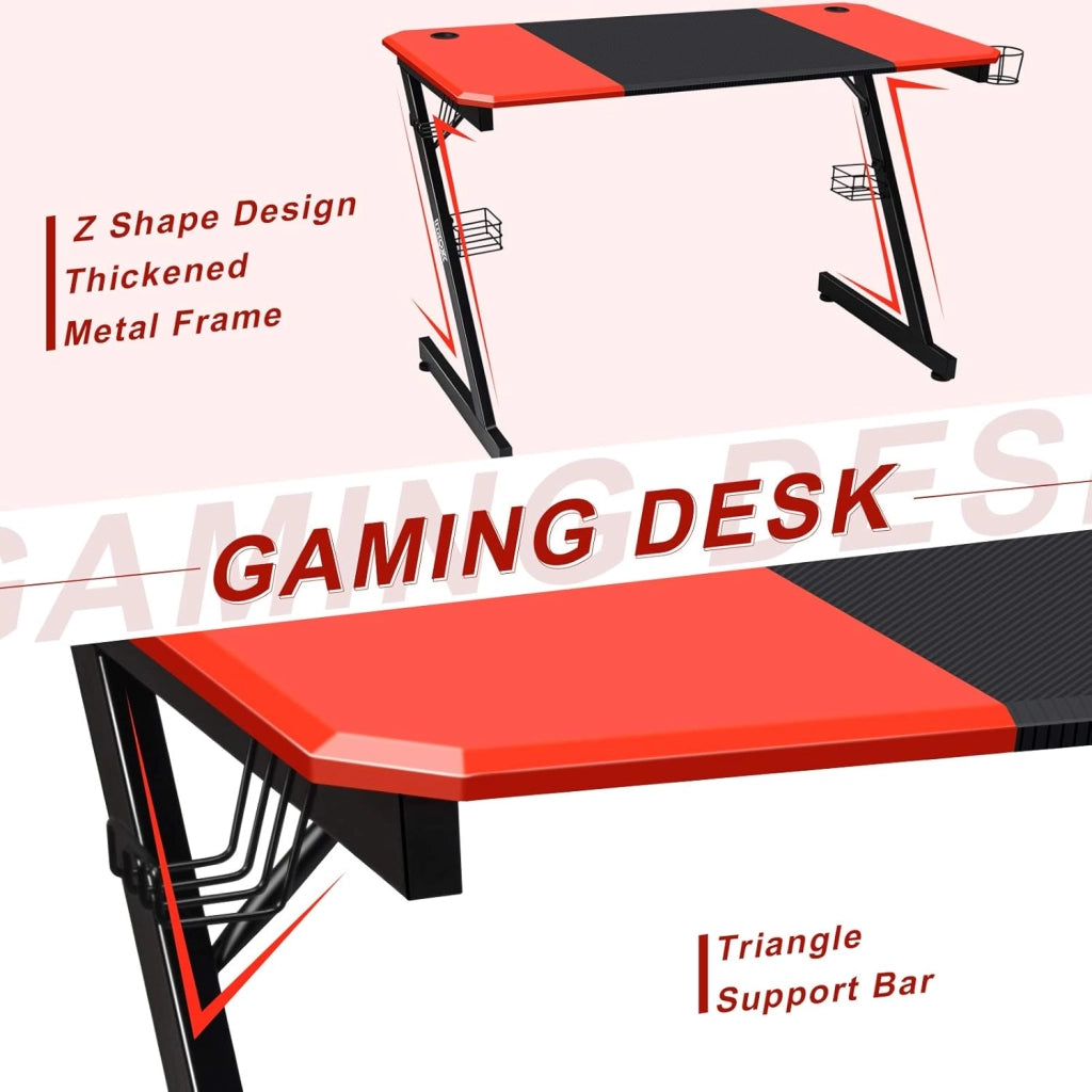 Scrivania Gaming a forma di Z, Scrivania Grande 120x60x76 cm, Scrivania da Gioco con Supporto per Bevande, Tavolo per Gaming o Computer, Ergonomica, Nero+Rosso