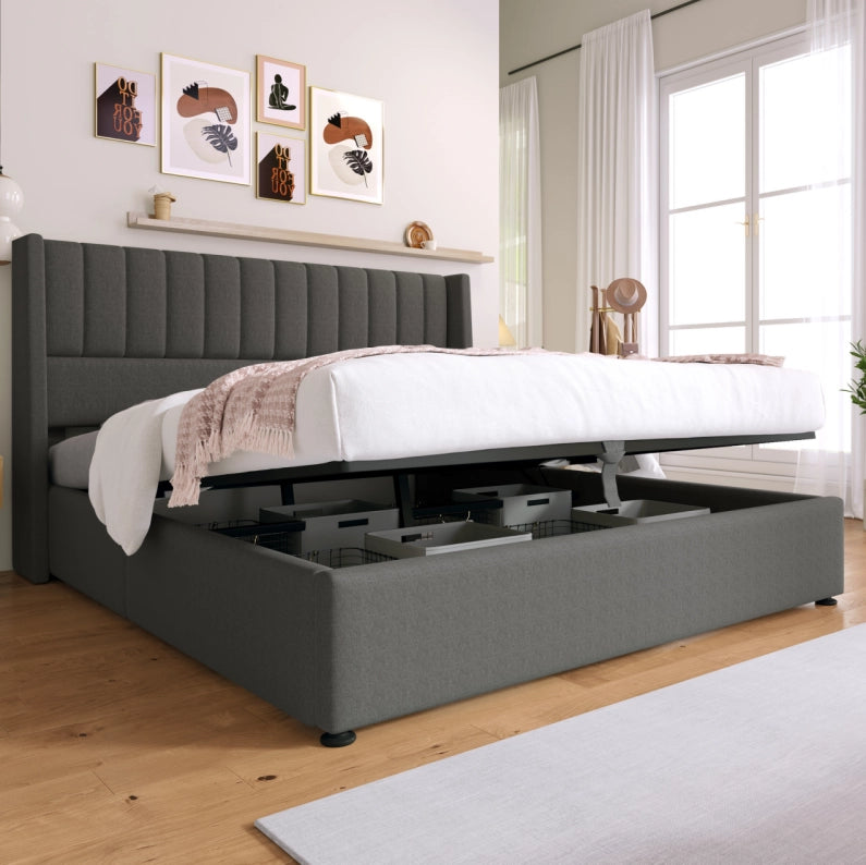 Letto matrimoniale imbottito con contenitore 140x200 cm in lino grigio; con testiera e rete sollevabile