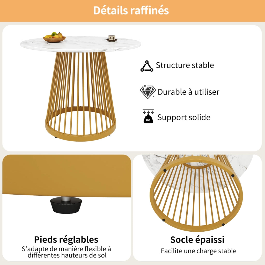 Tavolo da pranzo rotondo con piedini regolabili, per sala da pranzo, in MDF e metallo, bianco e oro, 80 × 80 × 76 cm