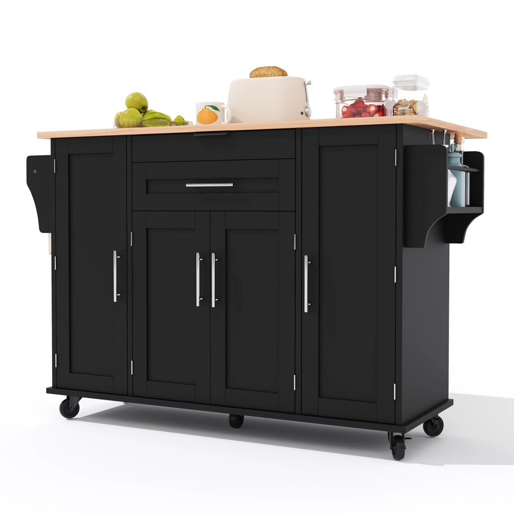 Carrello da Cucina Nero 136x70x92 cm con Piano Ribaltabile; Ripiani Regolabili e Portasciugamani