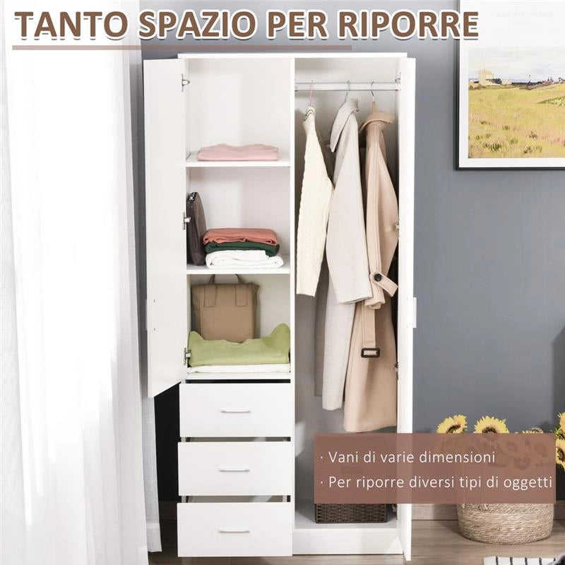 ARMADIO MODERNO GUARDAROBA 2 ANTE CON SPECCHIO E 3 CASSETTI, MENSOLE + BARRA APPENDIABITI 80X50X180CM BIANCO