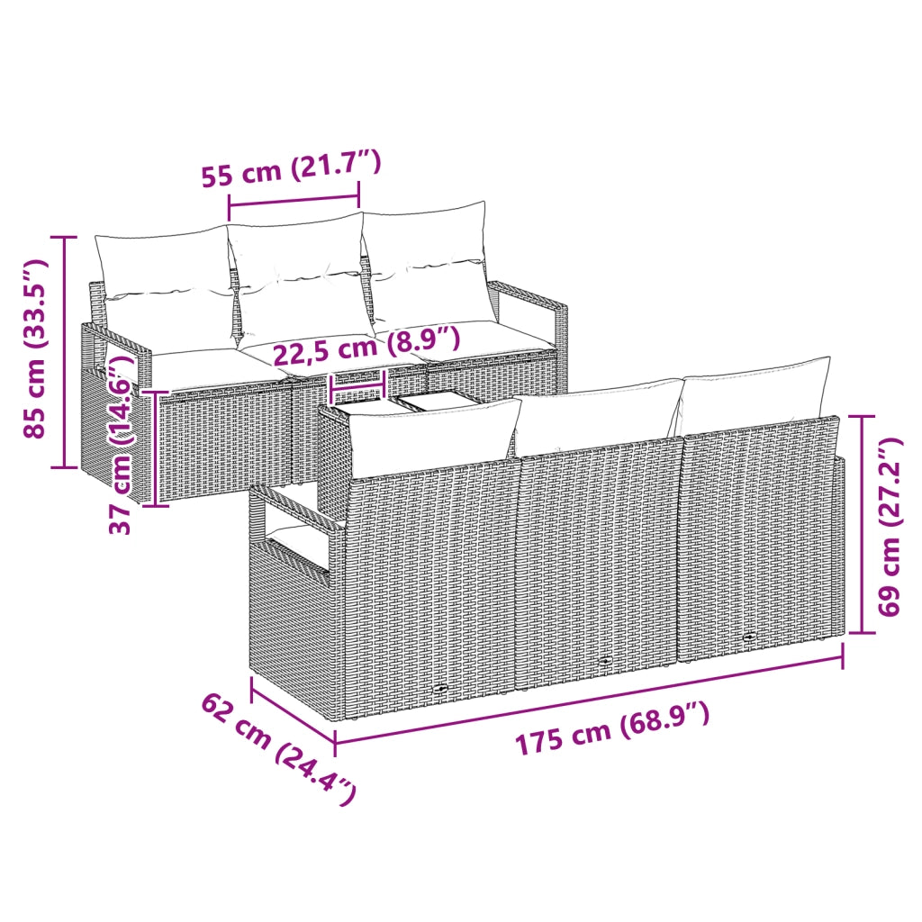 Set di divani da giardino da 7 pezzi con cuscini in polyrattan nero