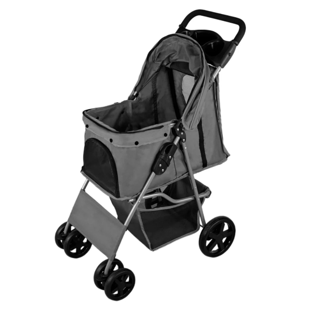 Passeggino per animali domestici Trasportino pieghevole Trolley da viaggio per gatti e cani Copertura anti-pioggia – Grigio